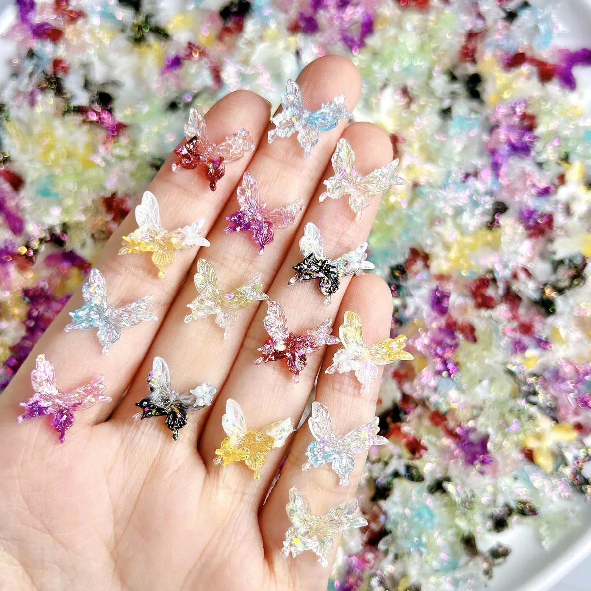 30 pz creativo luminoso morbido farfalla resina pendenti per unghie sfumatura colorata fine glitter tre farfalle decorazioni per unghie fai da te
