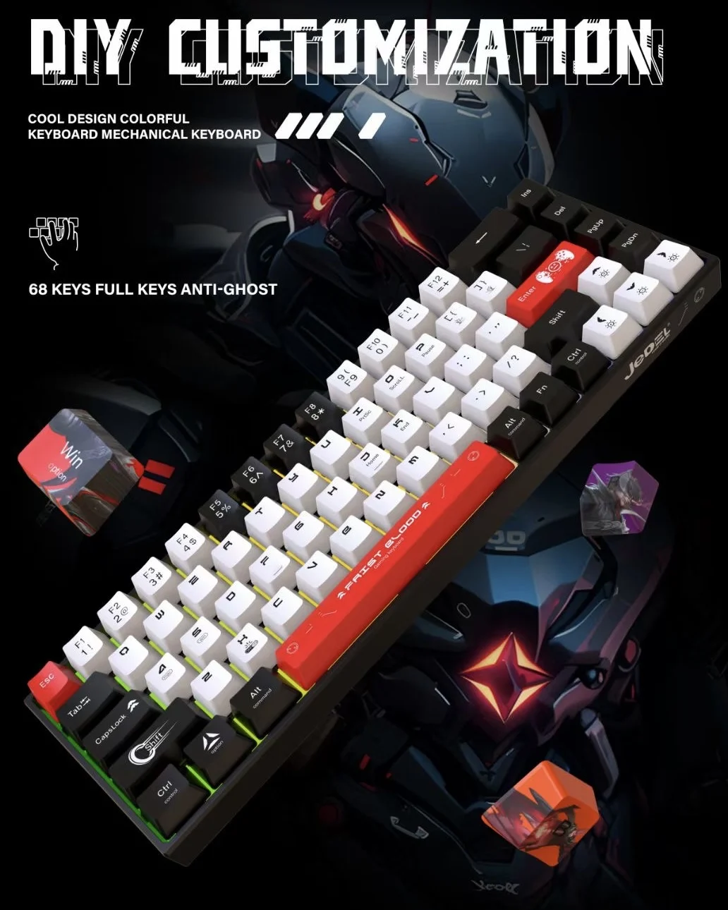 68 Keys Mini RGB Backlit Keyboard, Computer USB Backlit Two-color Key 60% Portable Red Black, Black And White Keyboard,