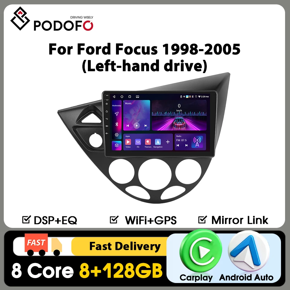 Podofo 9“ Carplay Autoradio für Ford Focus 1998-2005 Intelligentes Autoradio Android Auto GPS-Navigation KI-Sprachsteuerung WIFI 16G FM RDS Mirrorlink Geteilter Bildschirm