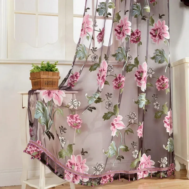 Sheer Curtain Tulle Translucent Curtain for Kitchen Bedroom Living Room Balcony Door Window Screen Floral Design Printed Valance
