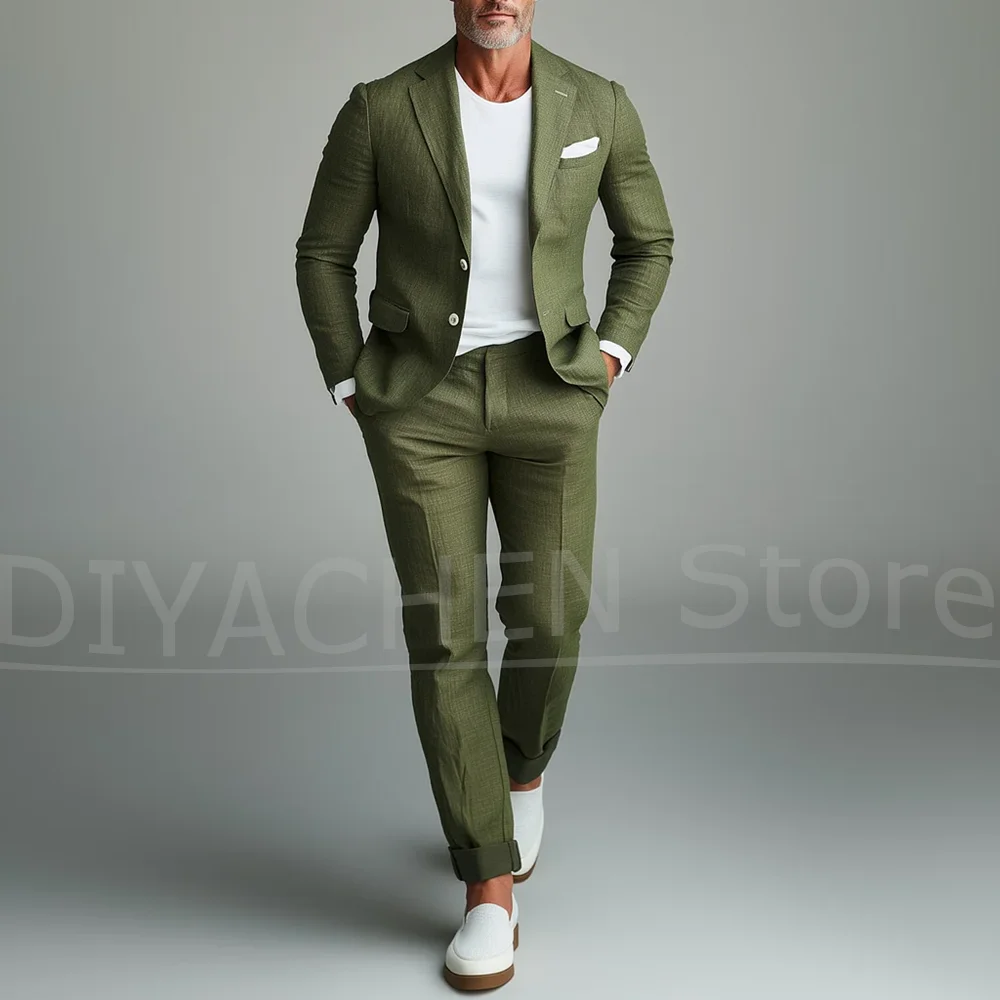 

Men's Olive Green Linen Suit Set Single Breasted Blazer with Pants Casual Formal Smart Outfits Fashion Slim Fit Two Piece