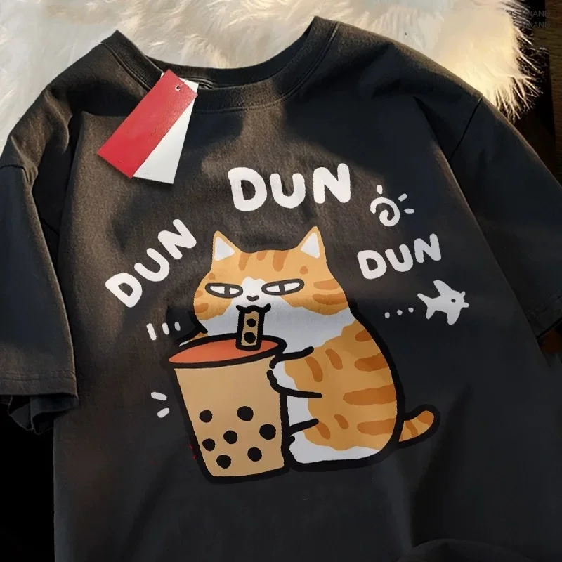 

Мужская хлопковая футболка большого размера с принтом Bubble Tea Cat, удобная посадка большого размера, дышащая ткань, стильная повседневная одежда, летняя одежда