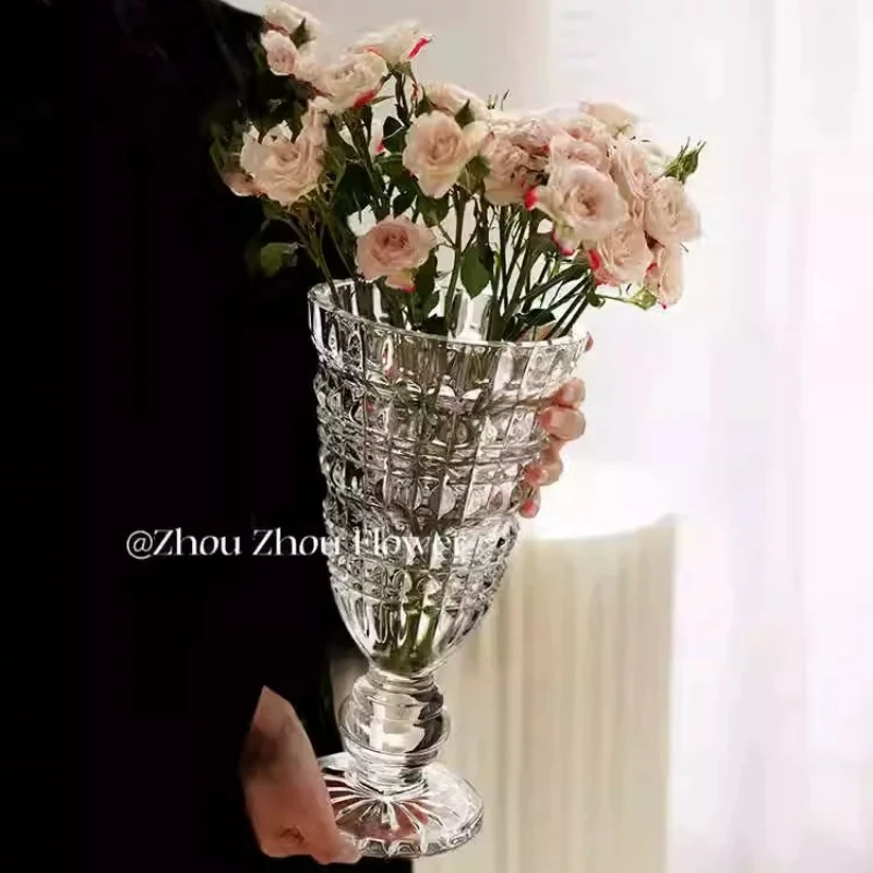 French Ins style high footed cup vase Glass transparent water nourishing vase, high-end decoration for living room dining table
