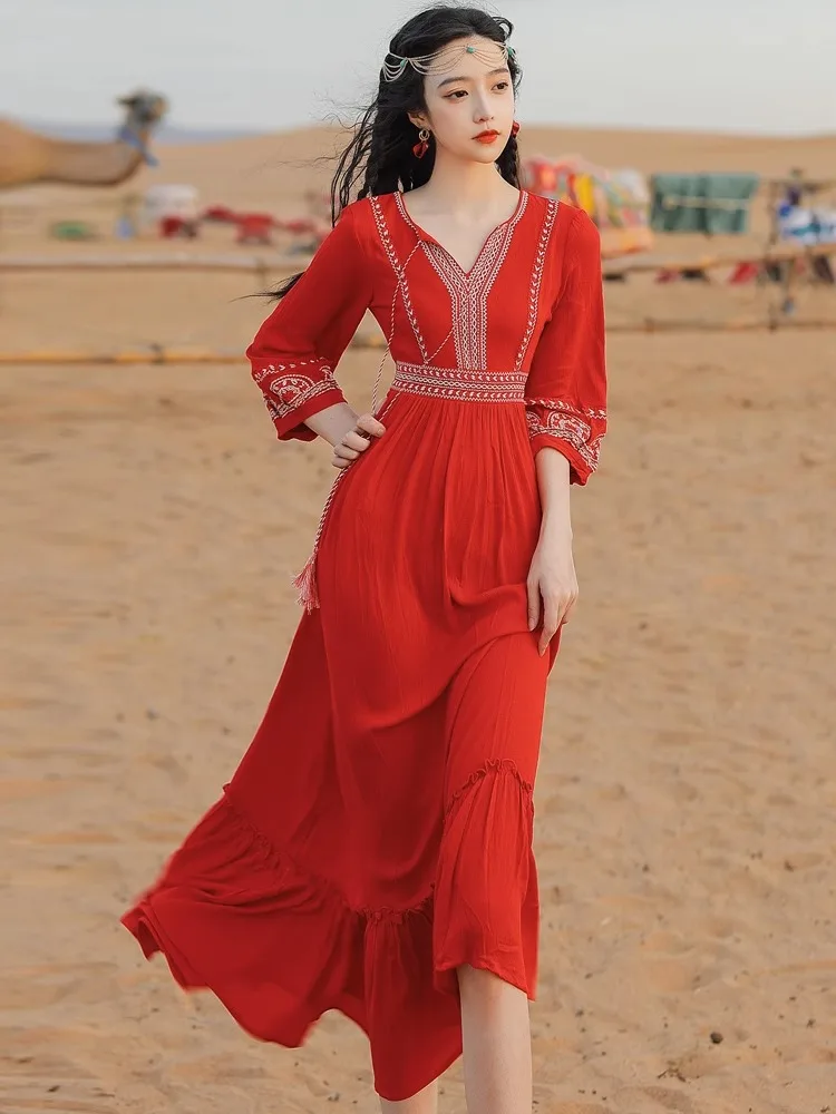 Ethnic Style Exotic Women's Clothing Desert Travel Photography Red Dress Seaside Vacation Beach