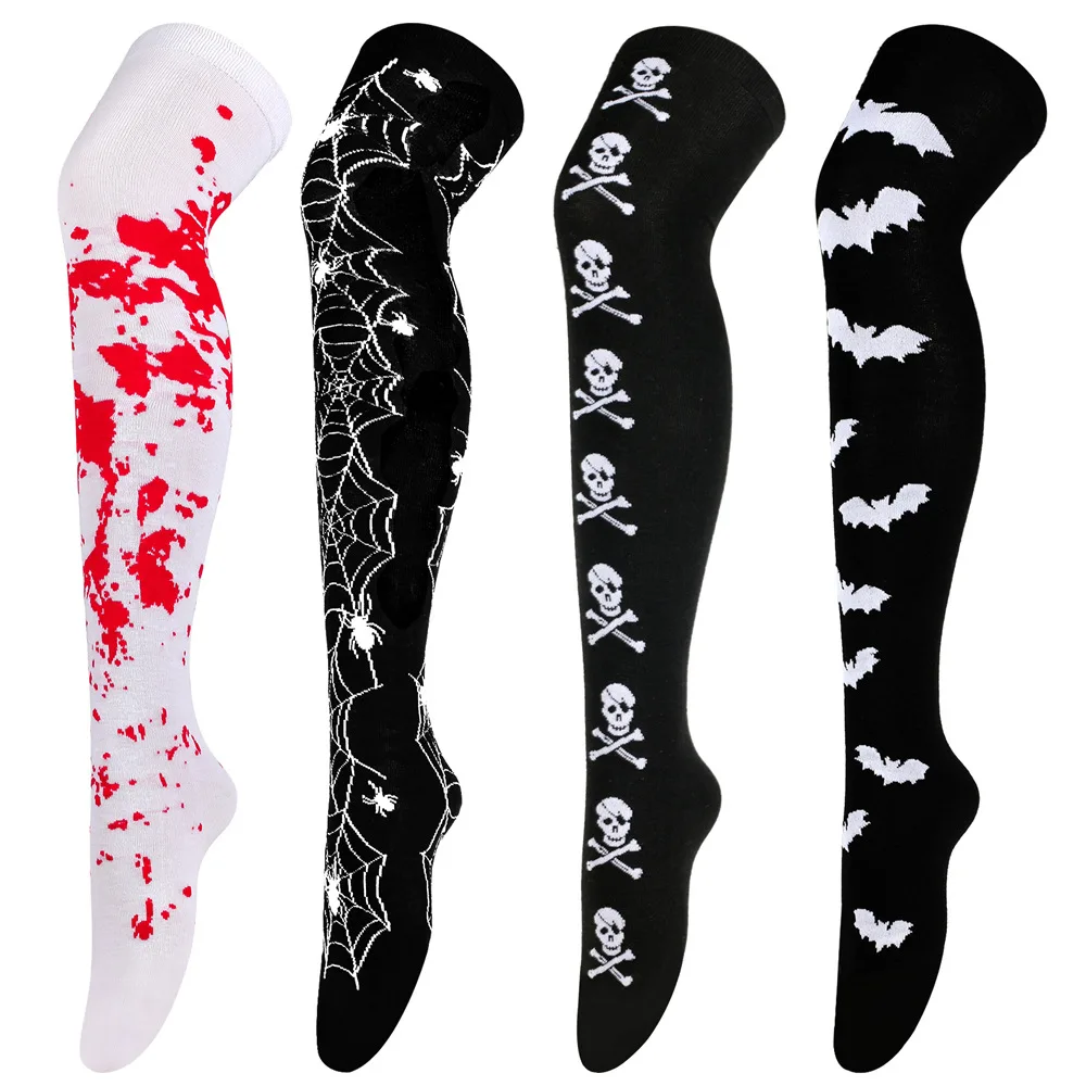 Good-looking Holiday Costume Party Skull Stockings Cool Girls' Style Black Solid Color Cartoon Bat Sock Halloween Bleeding Socks