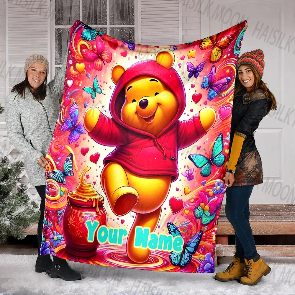 6 Sizes Custom Name Blanket Winnie The Pooh Print, for Sofa, Bed, Travel, Camping, Living Room, Office,Chair, Soft Warm Blankets