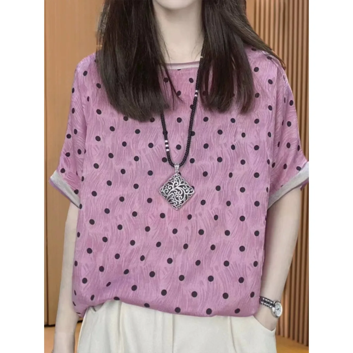 

European Style plus Size Women's round Neck Loose Short Sleeve Polka Dot Base Shirt Spring Summer New Arrival Top