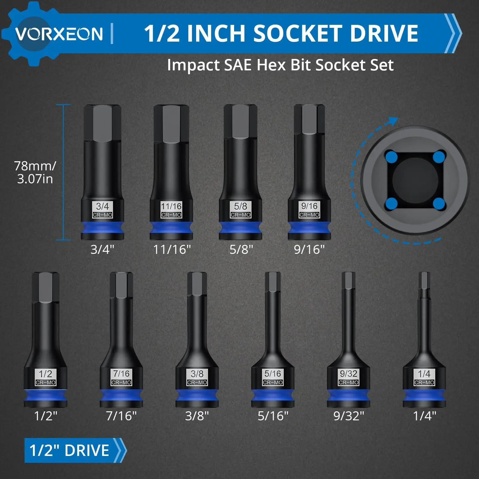 10-częściowy zestaw potrójnych kwadratowych nasadek udarowych 42 Cr-Mo XZN M5 - M18 z walizką do przechowywania, napęd 1/2"