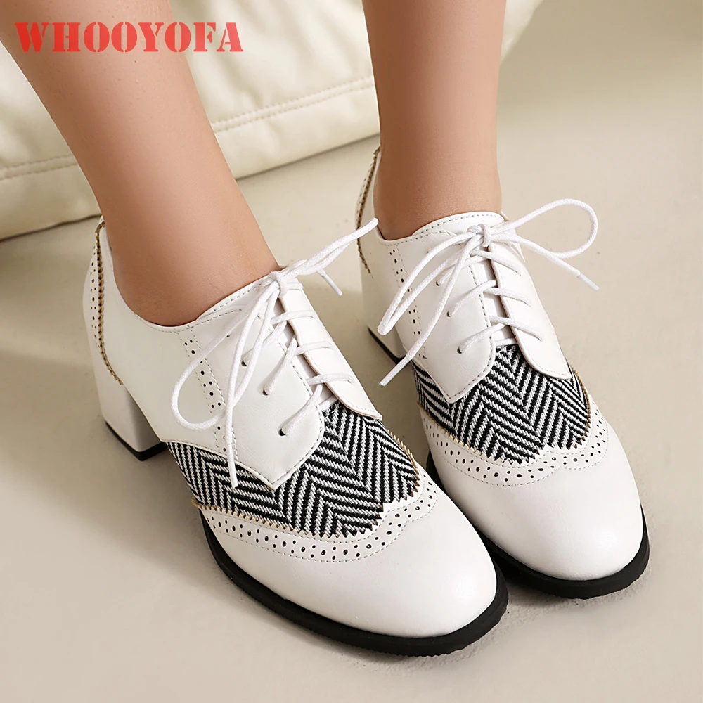 

2025 Фирменная Новинка, белые, коричневые женские туфли-лодочки для взрослых, женские оксфорды на высоком квадратном каблуке, большие размеры 10,3, 45, 48