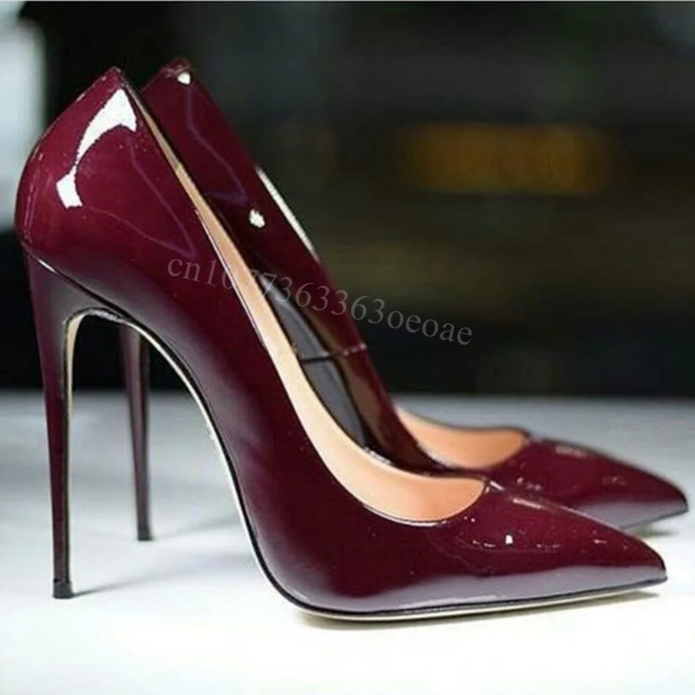 Vinho tinto apontou toe sexy bombas rasas finas saltos altos para mulheres sapatos de couro patente moda 2024 zapatos para mujere