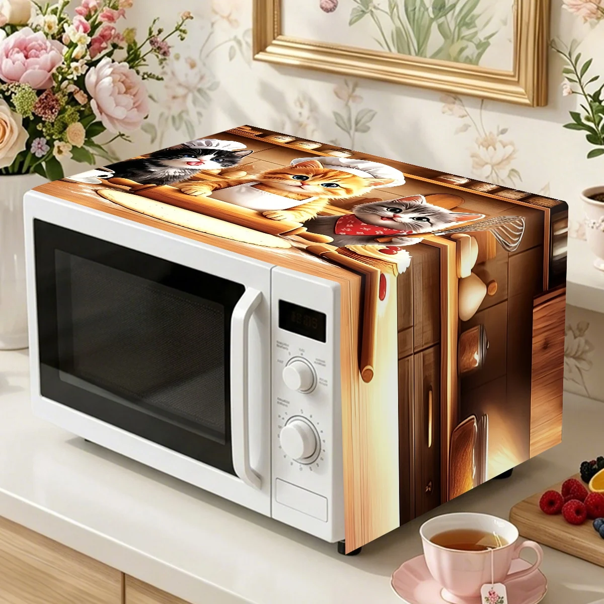 Retro Microwave Oven Cover 35x85cm Cute Chef Kitten Print Microwave Dust Cover Funny Decorative Countertop Accessory for Home