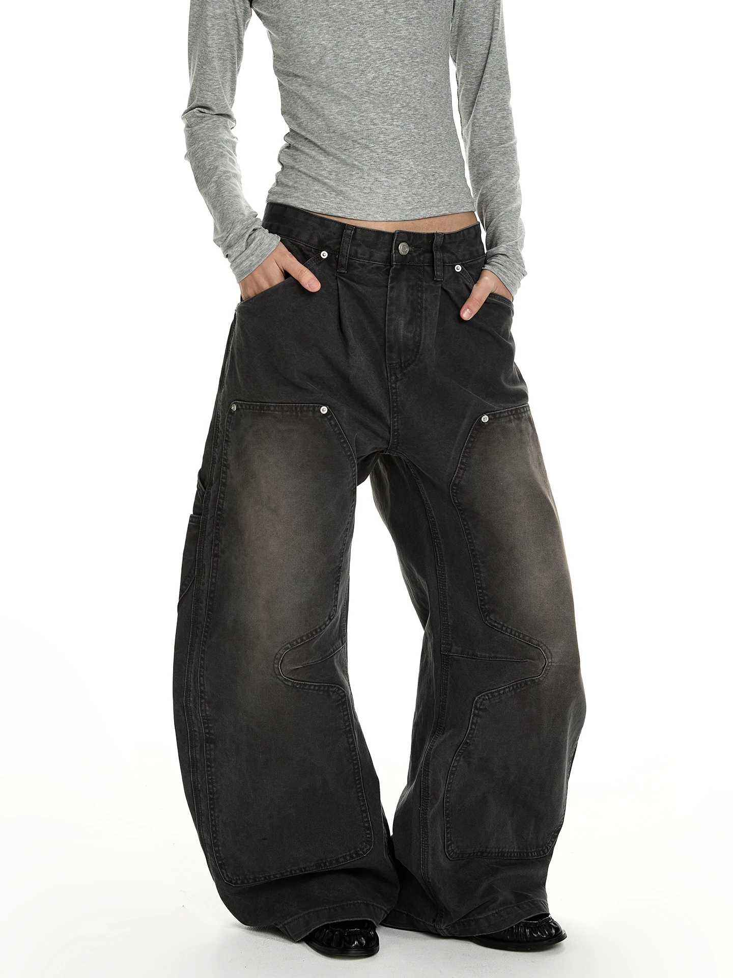 

Vintage a PUEE Men's Casual Straight Leg Jeans Baggy Wide Leg Bend Knife Retro Workwear Trousers Wear Resistant Cotton