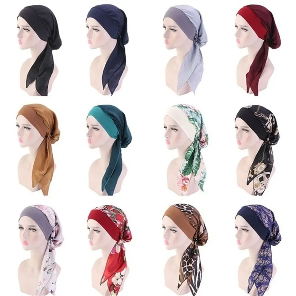 Adjustable Printed Elastic Pre-Tied Cancer Head Scarf Muslim Turban Hair Loss Hat Chemo Pirate Cap