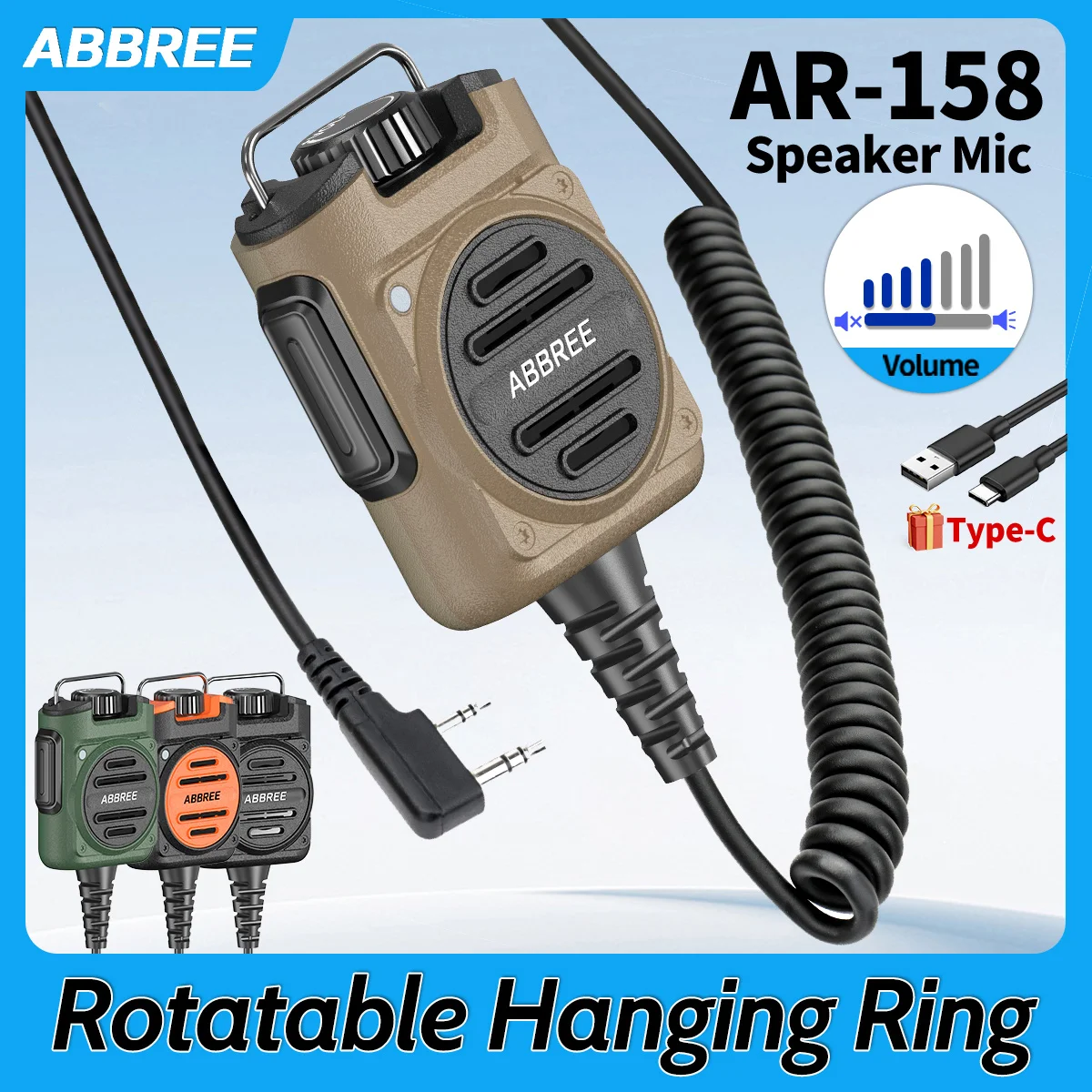 Microfone de Alto-falante Durável ABBREE AR-158 com Volume Ajustável e Carregamento Tipo-C para Rádio Amador Baofeng UV-5R UV-21 PRO