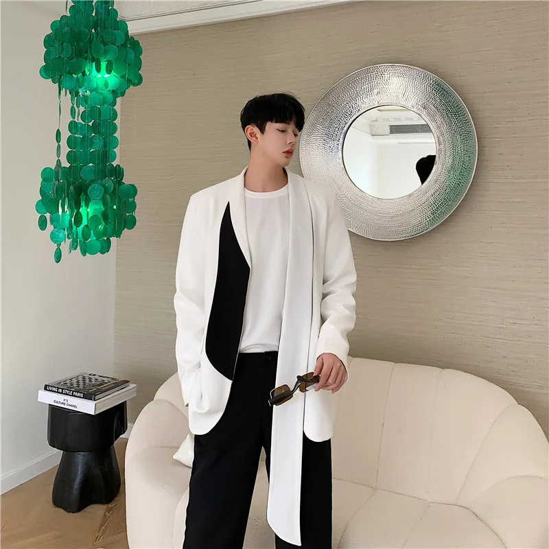 Men's New Cloth Design Irregular Black White Color Patchwork Suit Coat 2022 Ribbon Suit Men's Asymmetric Suit Jacket 2Y530