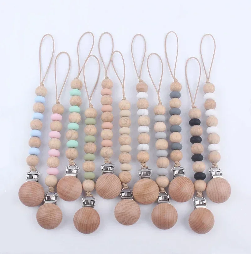 Segurança silicone faia de madeira bebê infantil criança manequim chupeta chupeta clipe de corrente titular cinta mastigar mordedor dentição