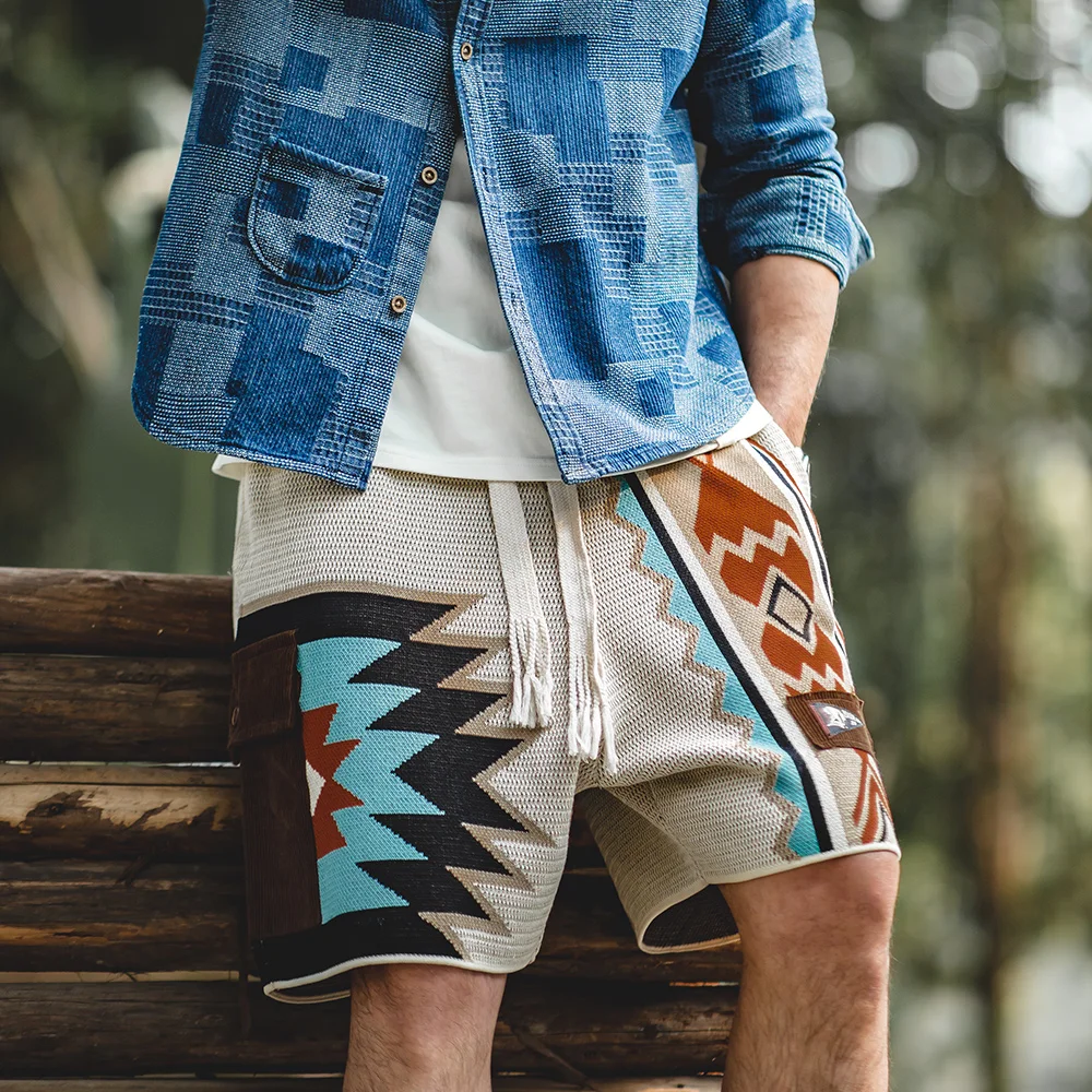 Maden Vintage Navajo Totem Knitted Shorts Men\'s Casual Embroidery Geometric Beach Short Pants Drawstring Elastic Waist Shorts