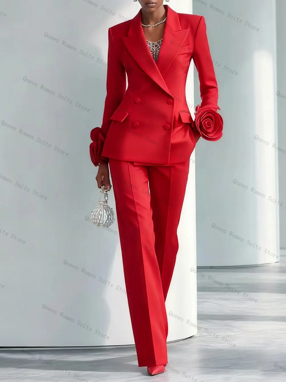 Abito da donna rosso di lusso Set 2 pezzi Blazer + Pantaloni Pantaloni Fiore 3D Cotone Personalizzato Smoking formale per ospiti Giacca da festa