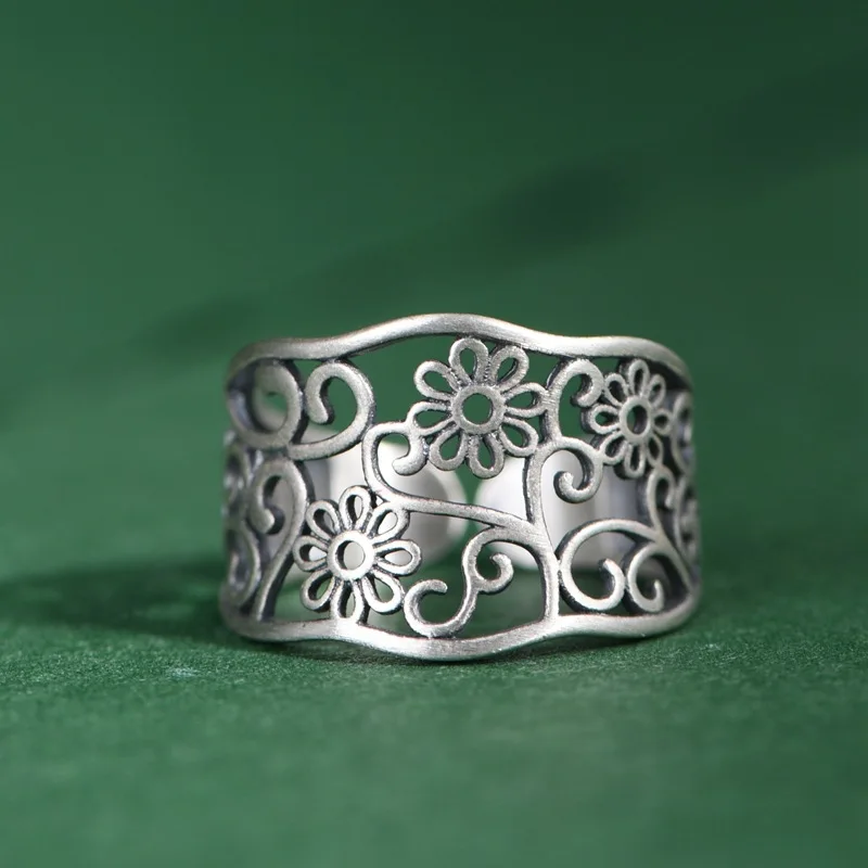 

Hollow 925 Sterling Silver Flower Rings for Women Thai Silver Ethnic Floral Ring Wide Asymmetrical Jewelry Trendy Vintage Ring