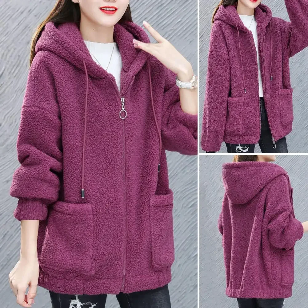 Women Hooded Coat Chic Fleece Thick Solid Color Pockets Long Sleeves Loose Warm Plush Zipper Cardigan Outdoor Winter Jacket