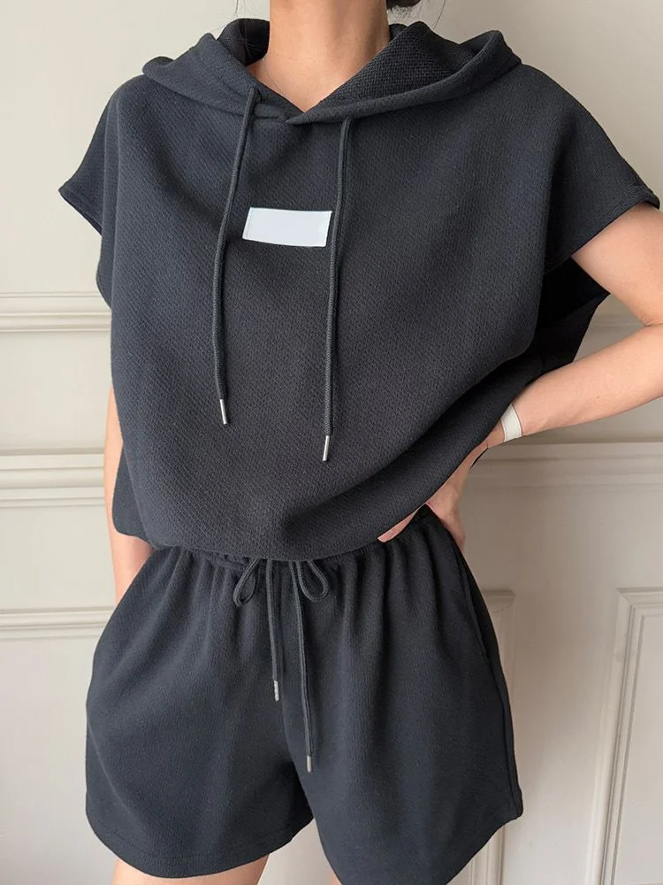 

Elegant Drawstring Hoodie Set Women's Summer Running Sportswear Shorts Two-Piece Set High Waist Shorts Casual Loose Fit