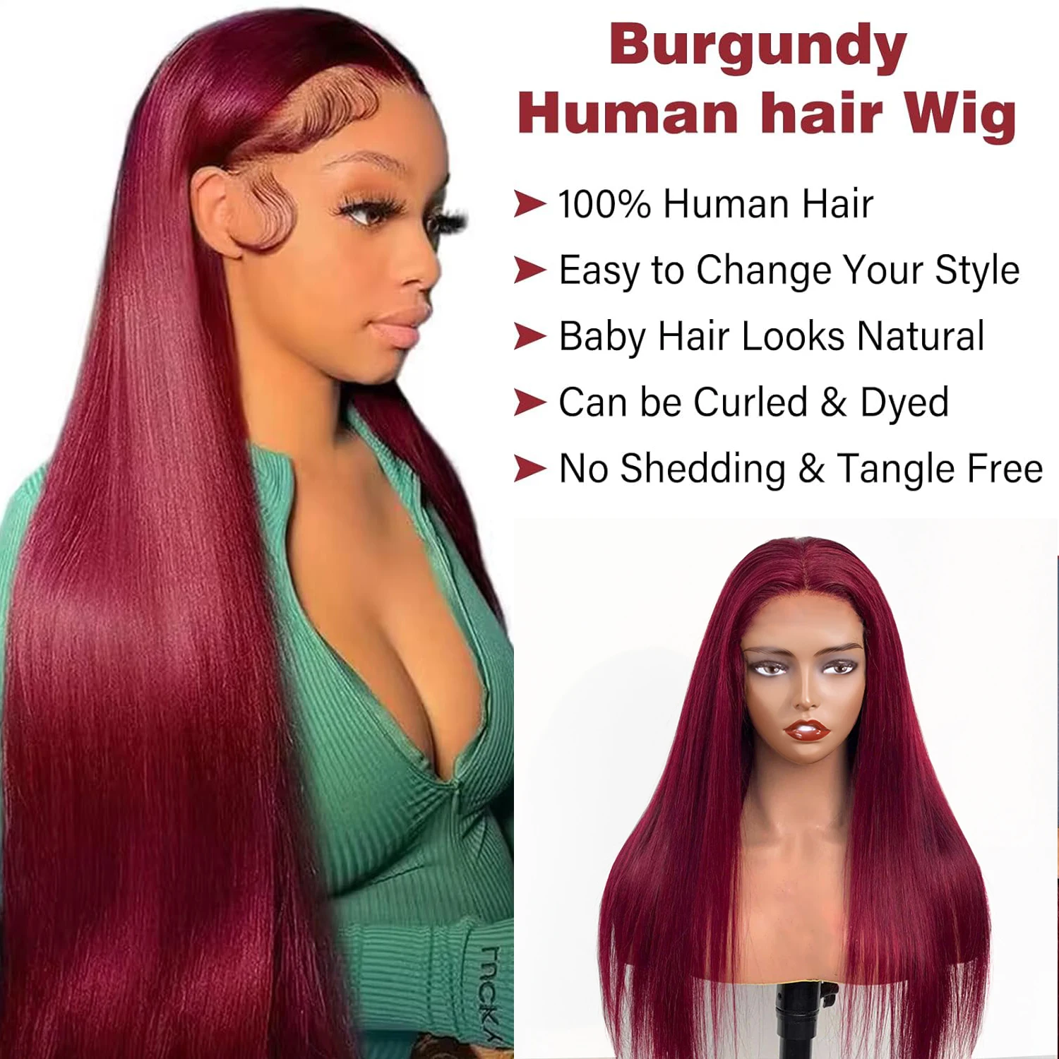 Perruque Lace Front Wig naturelle lisse, cheveux humains, rouge bordeaux 99j, 13tage HD, 30 pouces, densité 180%