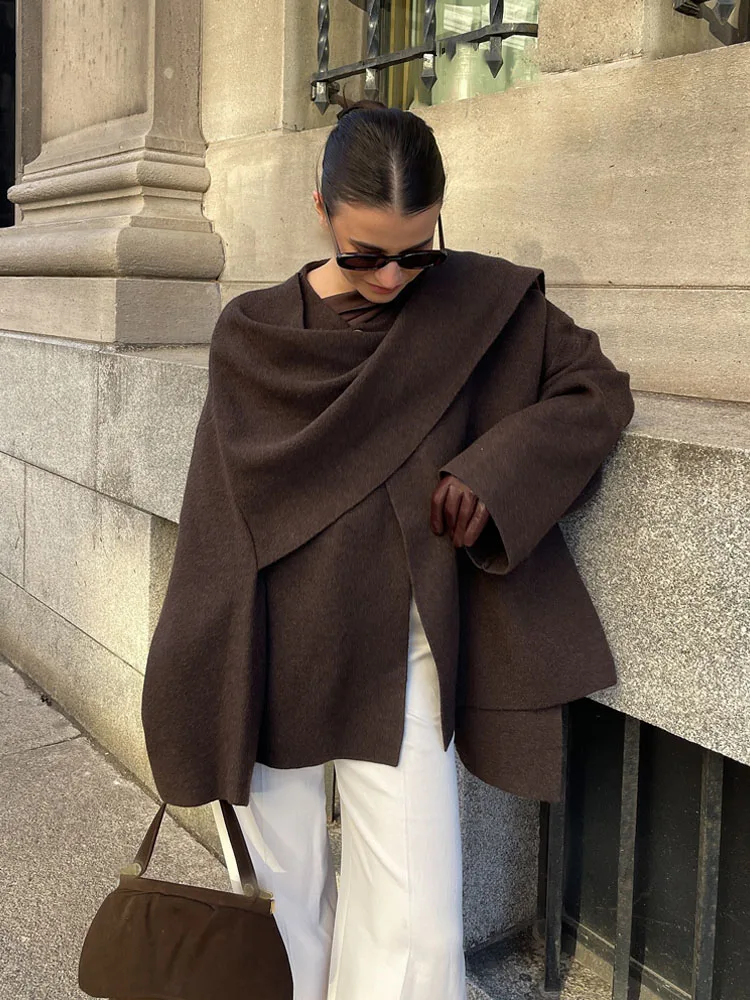 HH Winter Women\'s Fashion Long-sleeved Single-button Loose Woolen Coat With Asymmetrical Knitted Scarf Women\'s Short Coat