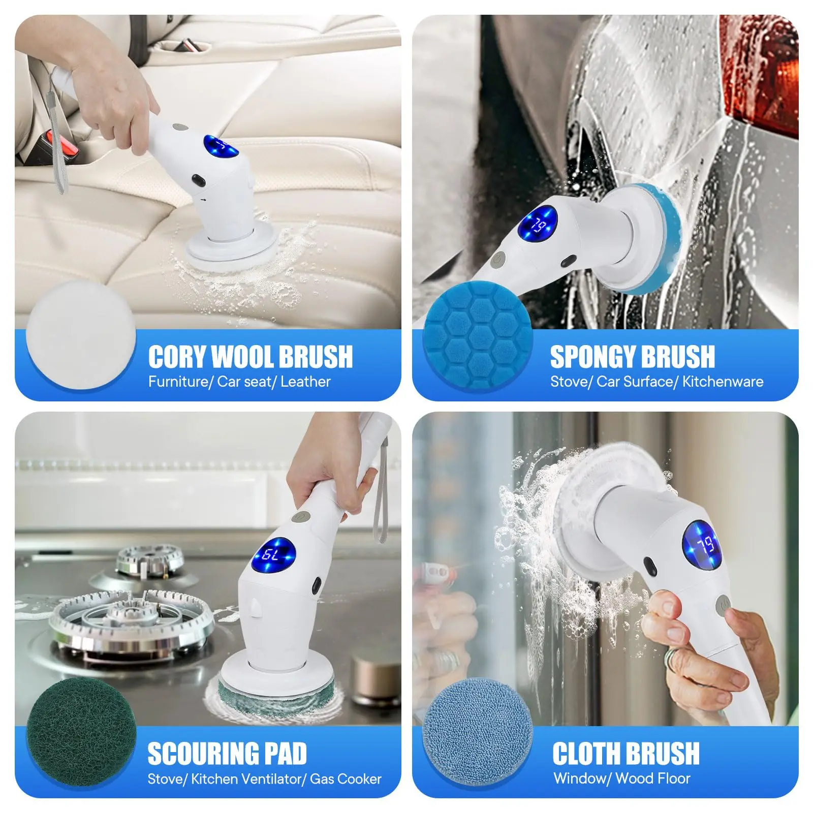 Electric Spin Scrubber Turbo Cleaning Brush with Adjustable Handle 7 Replacement Heads for Kitchen Bathroom