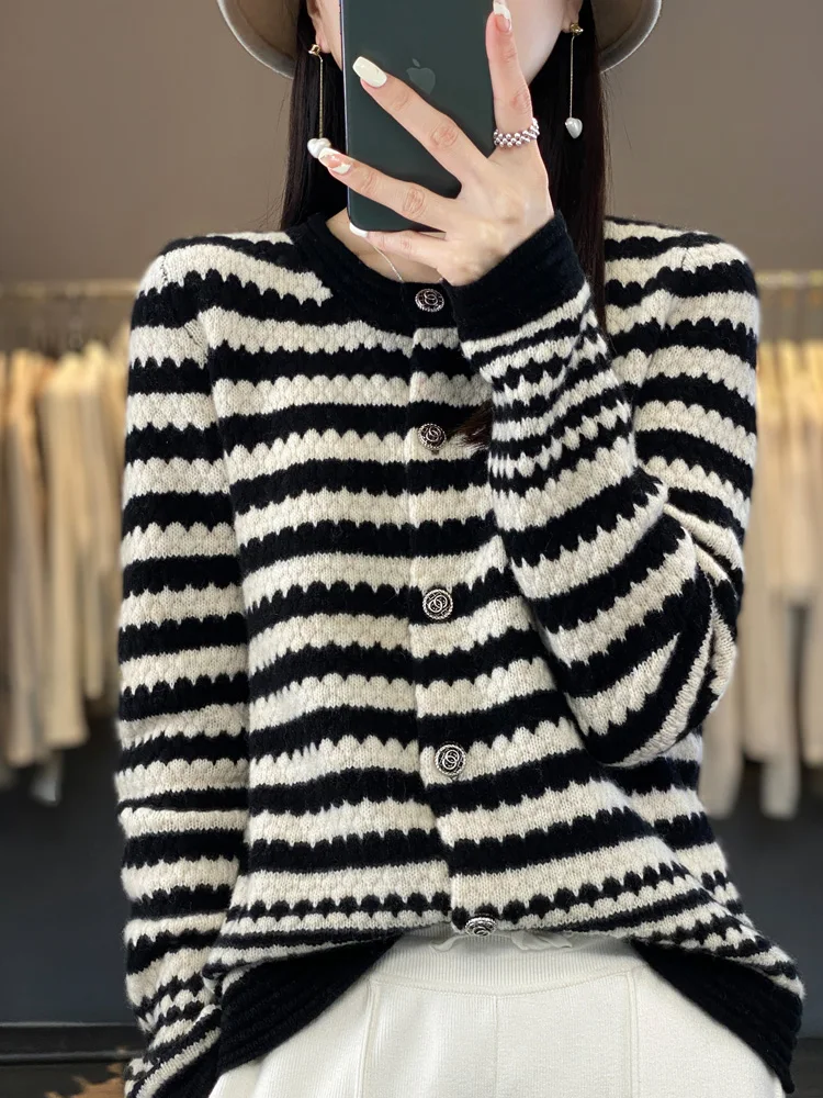 Cardigan for Women,100% Merino Wool,O-Neck Sweater,Long Sleeve Knitted Top,Thick Warm Outerwear,Striped Casual Top Fashion Trend