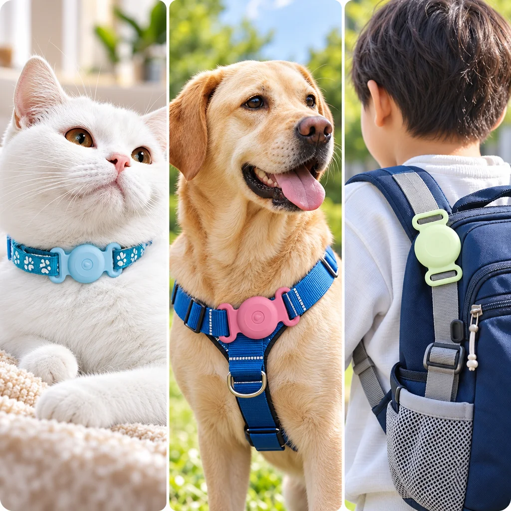 Luminous Double Ear Silicone Tracker Holder, Pet Collar Protective Cover for Round Bluetooth Locator, Dog Cat Anti‑Lost Case