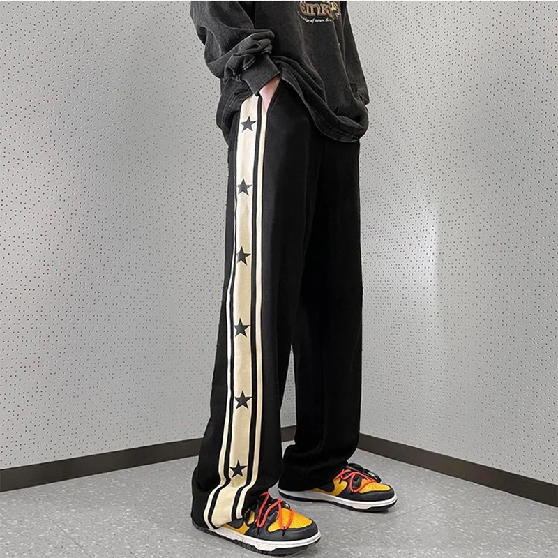 Y2K High Waist Straight Pants Women Black Star Stripes Vintage Casual Wide Leg Pants Korean All Match Streetwear Loose Trousers