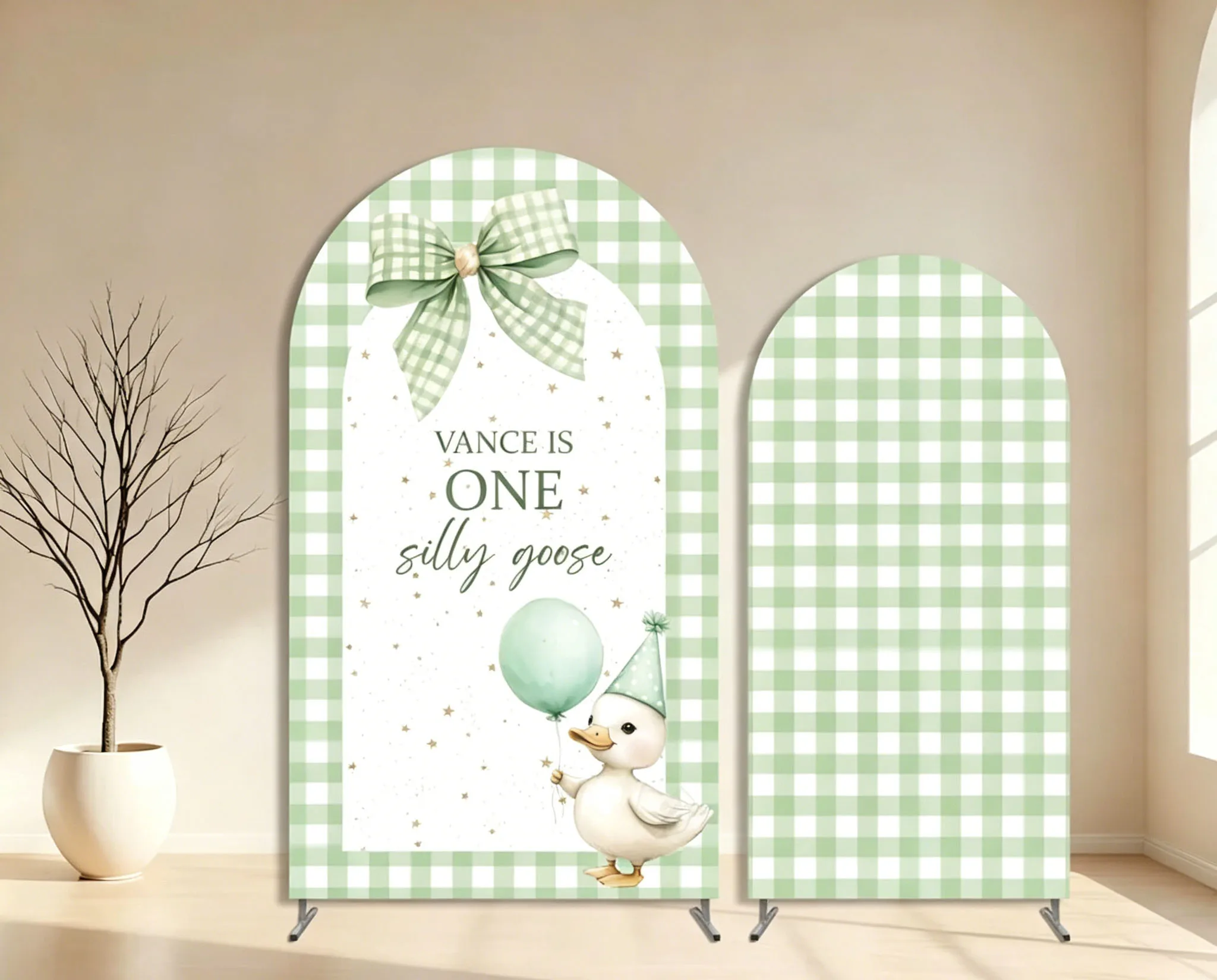 Custom 2-Sided One Silly Goose Baby Shower Arch Backdrop Cover Green and White Squares Bow Birthday Decor Backdrop Photo