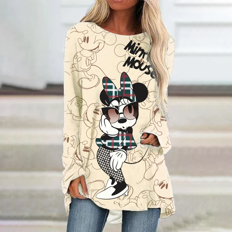 New Streetwear Disney Brand Mickey and Minnie Anime Summer 2022 Women's Casual Crew Neck Loose Long Sleeve T Shirt Kawaii Top