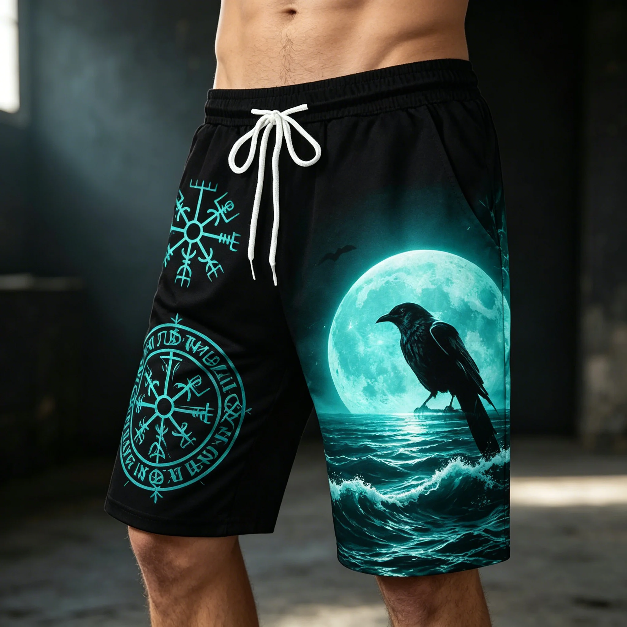 Men's Drawstring Waist Pink Moon Raven Occult Print Casual Shorts, Gothic Bottoms For Spring Summer Daily Outdoor Vacation Wear
