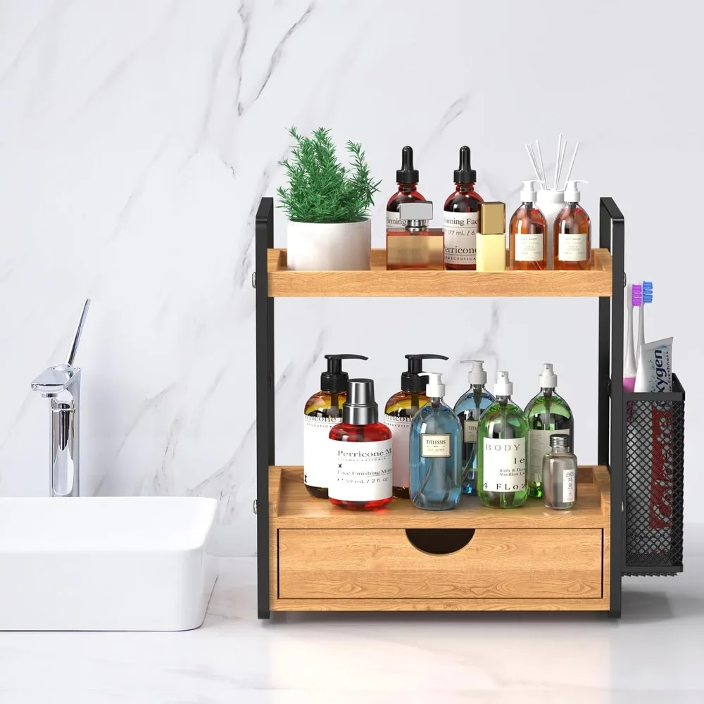 منظم حمام خشبي بطبقتين مع درج وسلال، تخزين متعدد الأغراض للمكياج والعناية بالبشرة #6