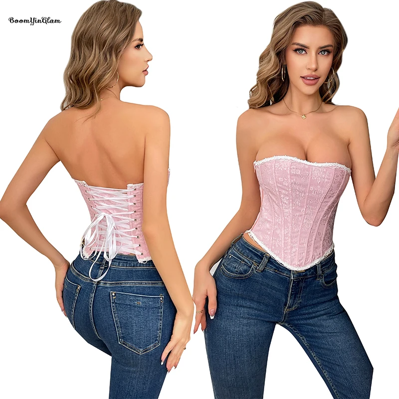 Pink Strapless Cropped Tank Top White Floral Jacquard Zip Up Lace Trim Boned Corset Tops For Women