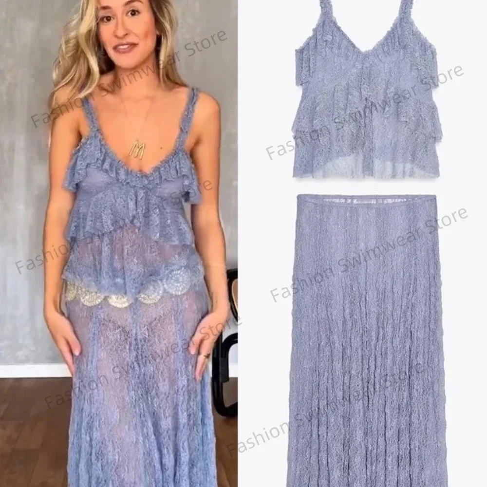 

Fashion Floral Lace Maxi Skirts sets for women chic sleeveless Ruffle cropped Vest High waist long Skirts Summer Holiday Outfits