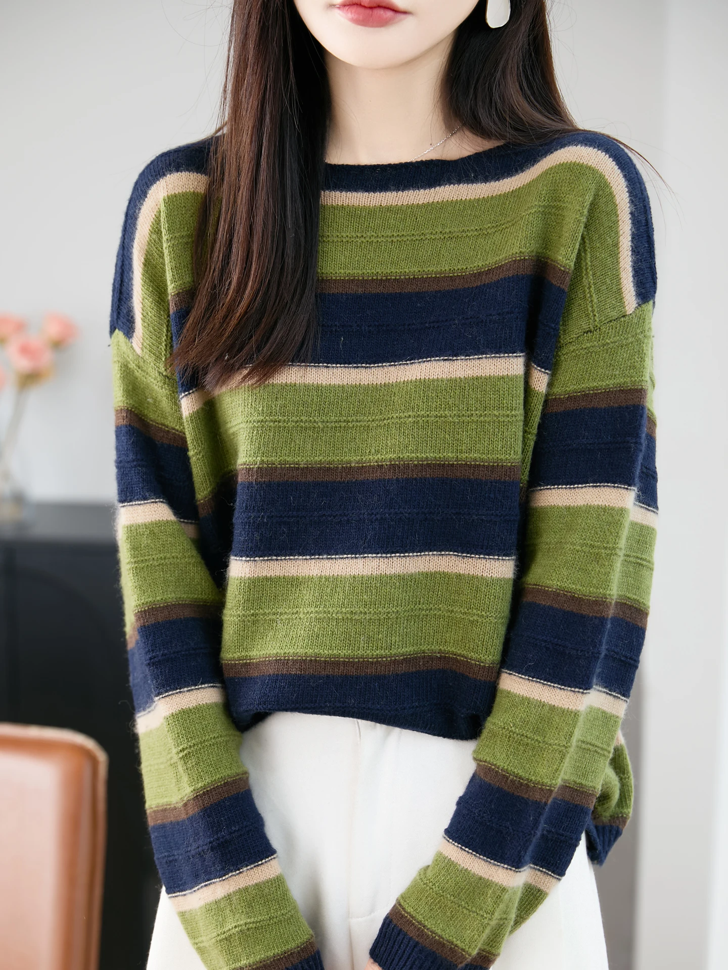 New Fashion Autumn Winter Woman Sweater Elegant Female Merino Wool Knitwear Striped Pullover Ladies Long Sleeve Clothing Tops