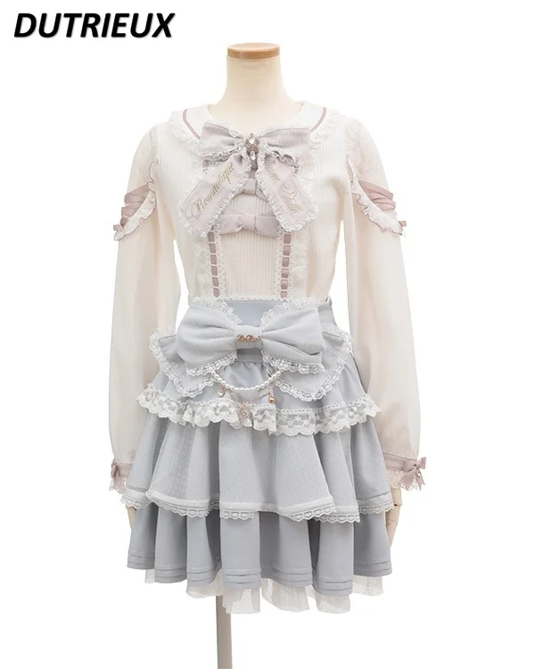 Japanese Mine Mass-Produced Knitwear Shirt Embroidered Bow Color Matching Top Suspender Skirt Sweet Cute Short Pleated Skirt Set