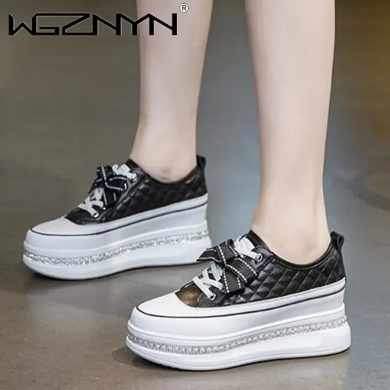 

Designer Genuine Leather 6cm Platform Wedge Shoes Zapatos De Mujer Bling Vulcanize Chunky Sneakers Pumps Platform Women Fashion