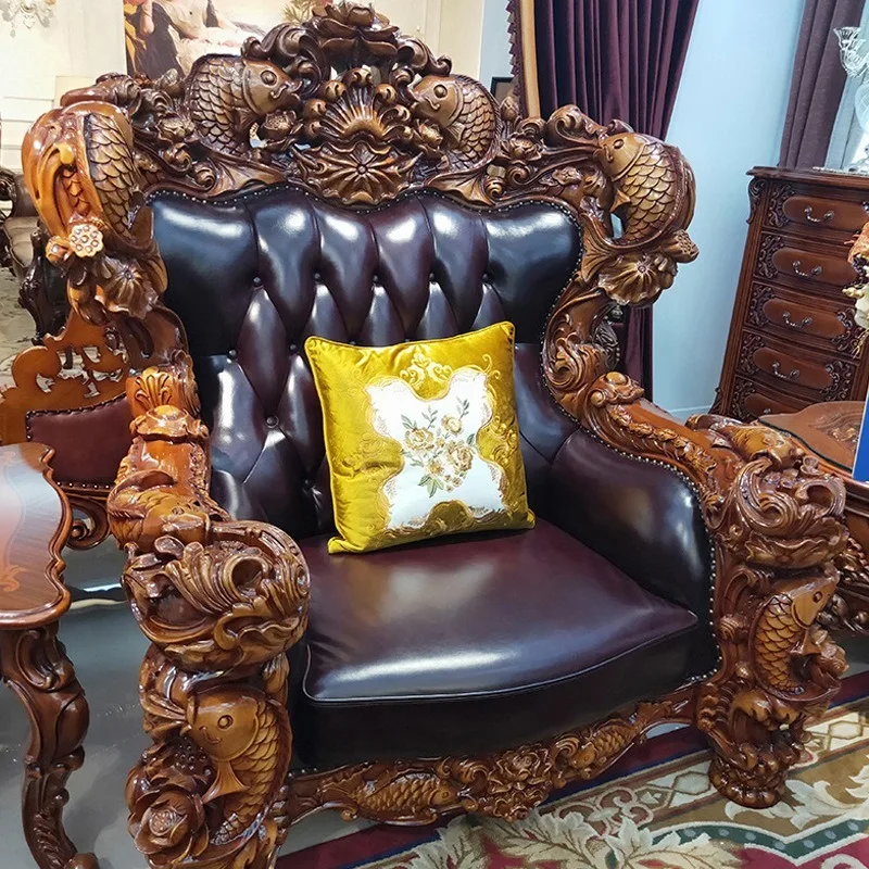 

European-style super luxury villa hall sofa, all solid wood carved imported leather 124 combination