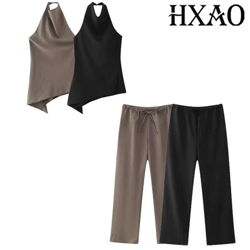 HXAO Elegant Pants Sets For Women 2 Pieces Trousers Sets Outfit Halter Backless Tank Top Baggy Pants 2024 Summer Women's Suit