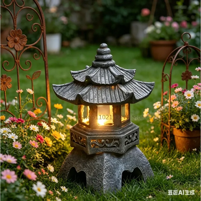 Garten-Zen-Ornament: Solarbetriebene chinesische Pagoden-Skulptur mit Steinlampe, Turm-Palastlicht, Hofbeleuchtung, solarbetriebene Dekorationsleuchte