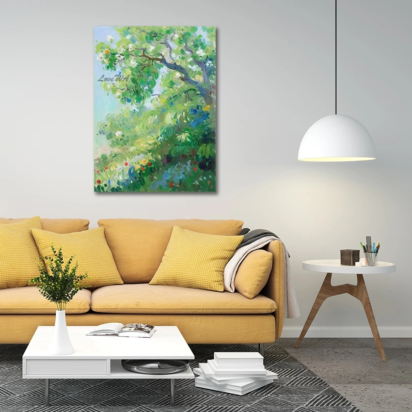

​​Green Modern Tree Art, Abstract Landscape Painting, Frameless Canvas Handmade Artwork, Wall Picture For Luxury Living Room