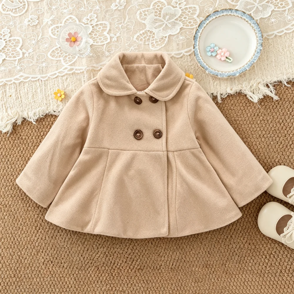 Girls' Outerwear Autumn And Winter Solid Color Casual Collar Baby Girl's Woolen Coat, Outdoor Warm Children's Woolen Coat
