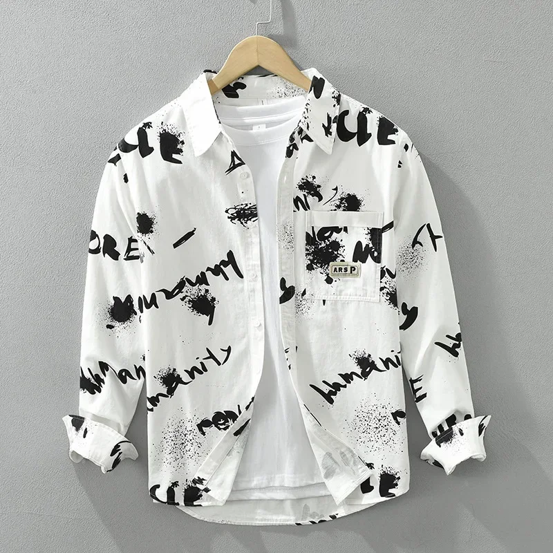 

Весенне-осенняя рубашка с принтом, мужская уличная одежда, новые мужские рубашки с длинным рукавом, повседневная рубашка на пуговицах из 100% хлопка, молодежная индивидуальная одежда