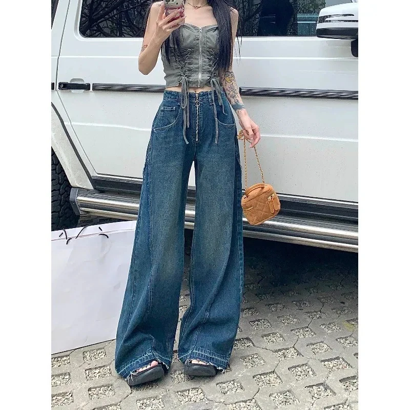 Blue High Waist Women Jeans Hip-hop Style Fashion Vintage Streetwear Y2K Wide Leg Jean 2024 Female Trouser Baggy Denim Pants