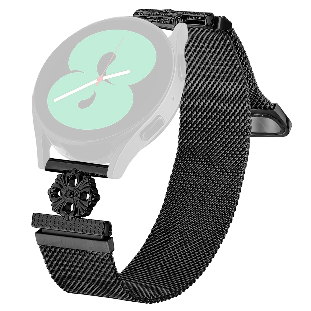 

For Samsung Galaxy Watch Active Milanese Band Flower Stainless Steel Magnetic Mesh Watch Strap - Black