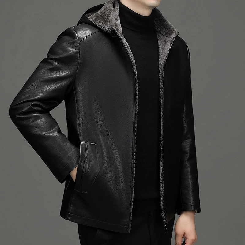 

YN-2267 Autumn And Winter Men's Coat Stand Collar Hooded Natural Sheep Leather Short Jacket Lamb Fur Youth Casual Wear