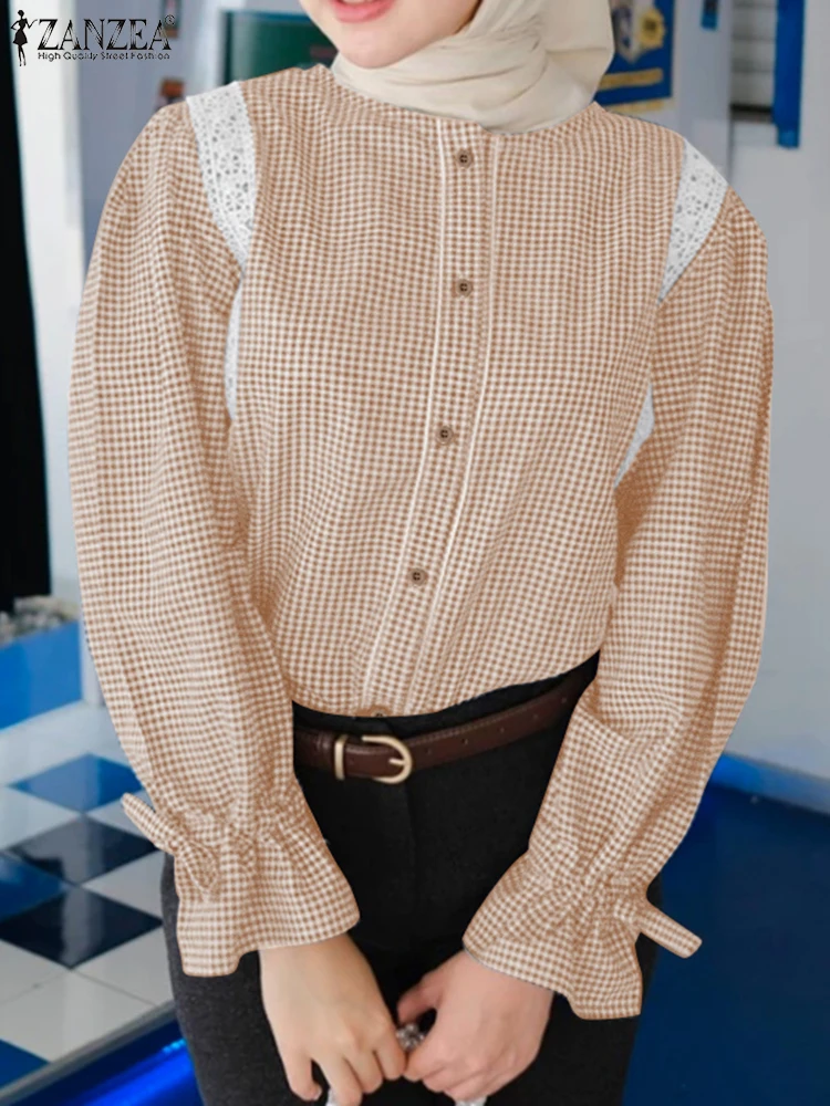 ZANZEA Women O Neck Long Sleeve Checked Blouse 2025 Muslim Shirt Turkey Abaya Islamic Clothing Blusas Femme OL Work Tops Mujer